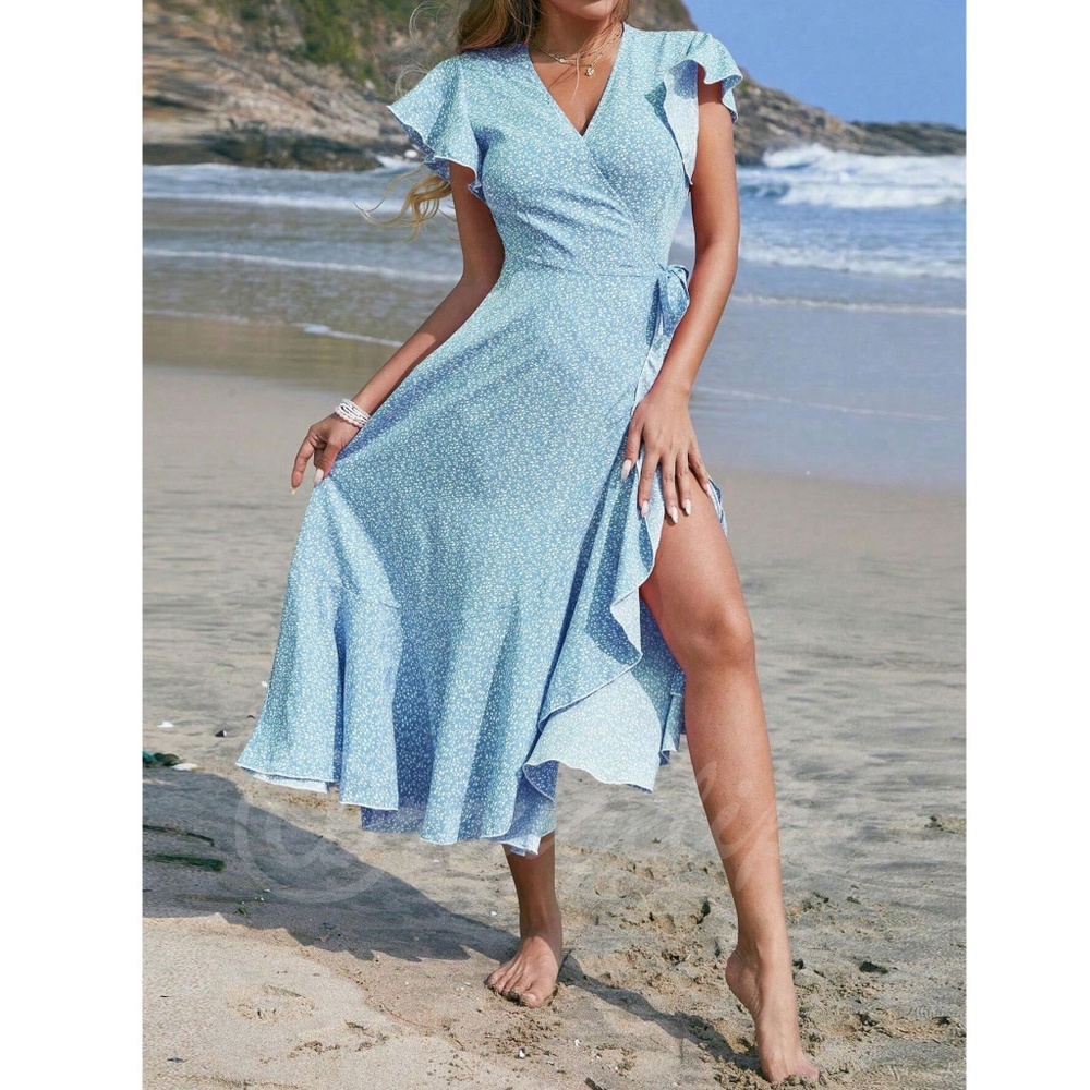 Boho Light Blue Floral Dress  V neck Ruffle Hem Ankle Length, A Line Wrap Style - Picture 6 of 8